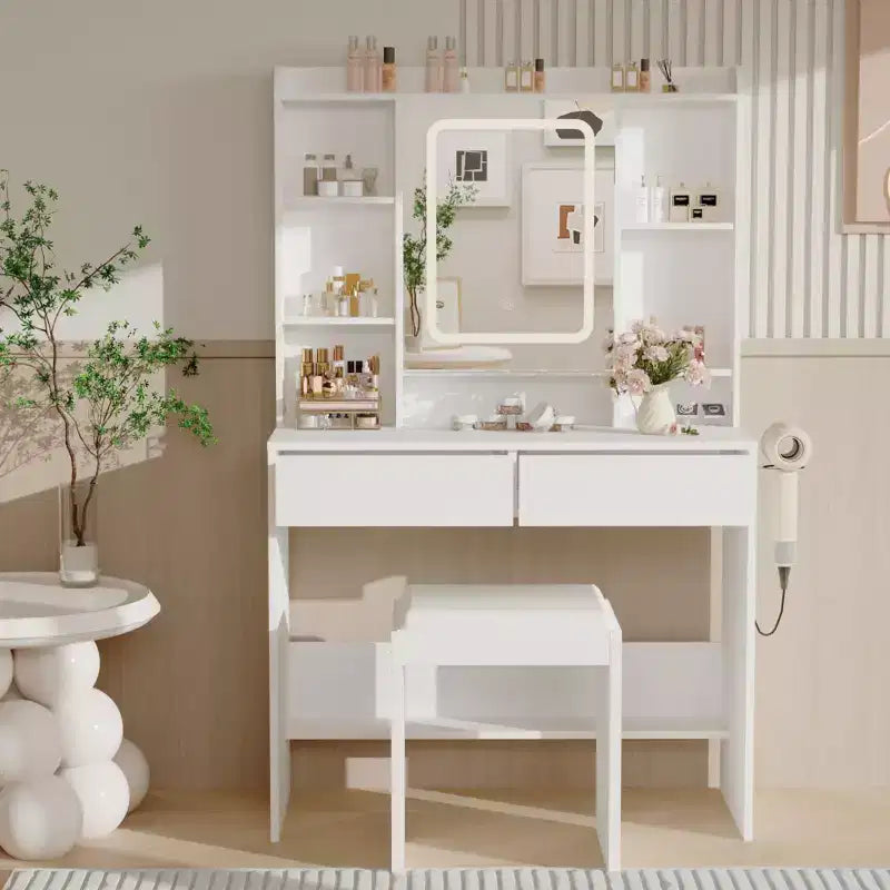 Tocador con espejo para dormitorio, luces ajustables de 3 colores, incluye taburete acolchado, estantes de almacenamiento ocultos, tomas USB, soporte para secador de pelo, blanco