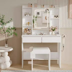 Tocador con espejo para dormitorio, luces ajustables de 3 colores, incluye taburete acolchado, estantes de almacenamiento ocultos, tomas USB, soporte para secador de pelo, blanco