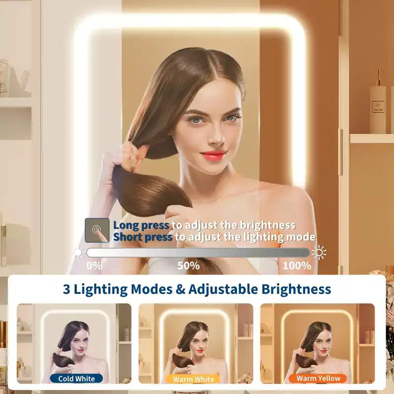 Tocador con espejo para dormitorio, luces ajustables de 3 colores, incluye taburete acolchado, estantes de almacenamiento ocultos, tomas USB, soporte para secador de pelo, blanco