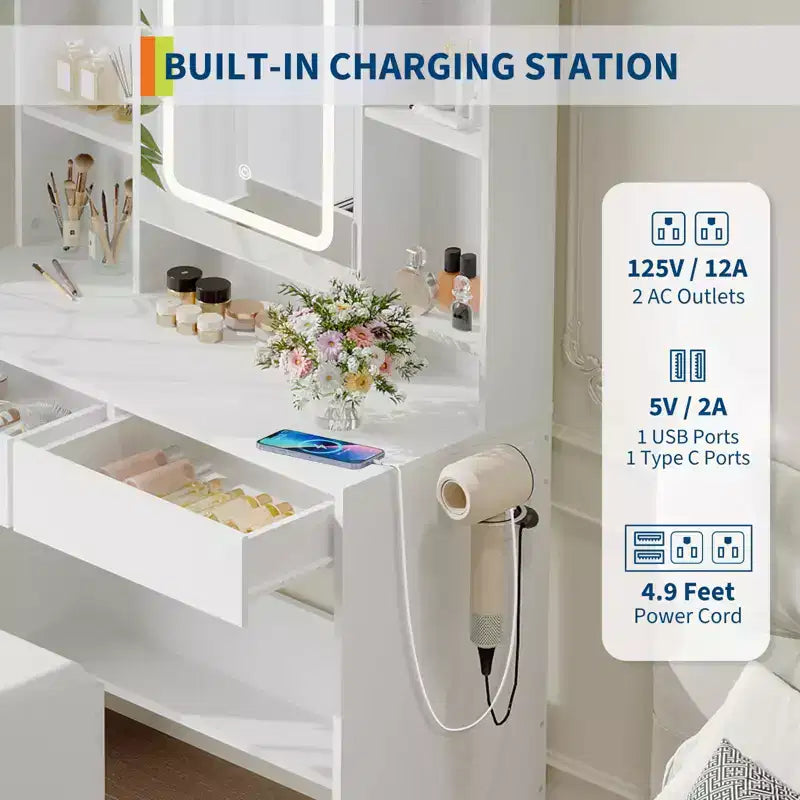 Tocador con espejo para dormitorio, luces ajustables de 3 colores, incluye taburete acolchado, estantes de almacenamiento ocultos, tomas USB, soporte para secador de pelo, blanco