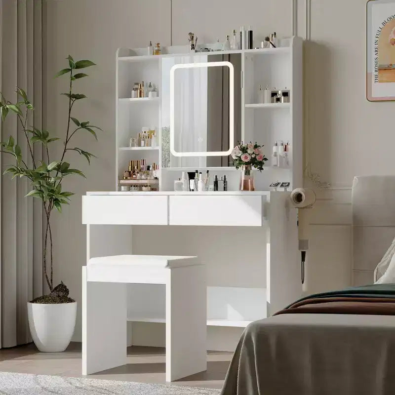 Tocador con espejo para dormitorio, luces ajustables de 3 colores, incluye taburete acolchado, estantes de almacenamiento ocultos, tomas USB, soporte para secador de pelo, blanco