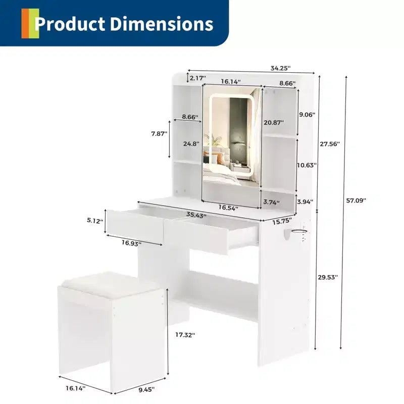 Tocador con espejo para dormitorio, luces ajustables de 3 colores, incluye taburete acolchado, estantes de almacenamiento ocultos, tomas USB, soporte para secador de pelo, blanco