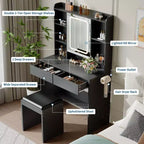 Tocador con espejo para dormitorio, luces ajustables de 3 colores, incluye taburete acolchado, estantes de almacenamiento ocultos, tomas USB, soporte para secador de pelo, blanco