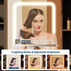 Tocador con espejo para dormitorio, luces ajustables de 3 colores, incluye taburete acolchado, estantes de almacenamiento ocultos, tomas USB, soporte para secador de pelo, blanco