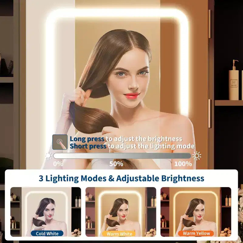 Tocador con espejo para dormitorio, luces ajustables de 3 colores, incluye taburete acolchado, estantes de almacenamiento ocultos, tomas USB, soporte para secador de pelo, blanco