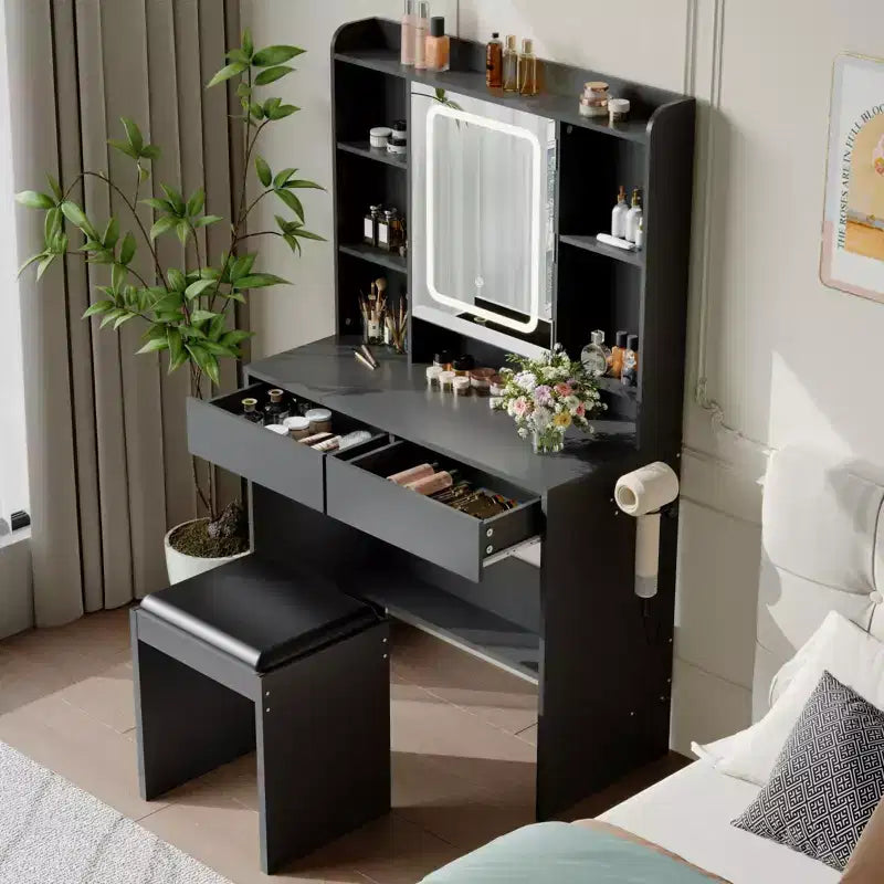 Tocador con espejo para dormitorio, luces ajustables de 3 colores, incluye taburete acolchado, estantes de almacenamiento ocultos, tomas USB, soporte para secador de pelo, blanco