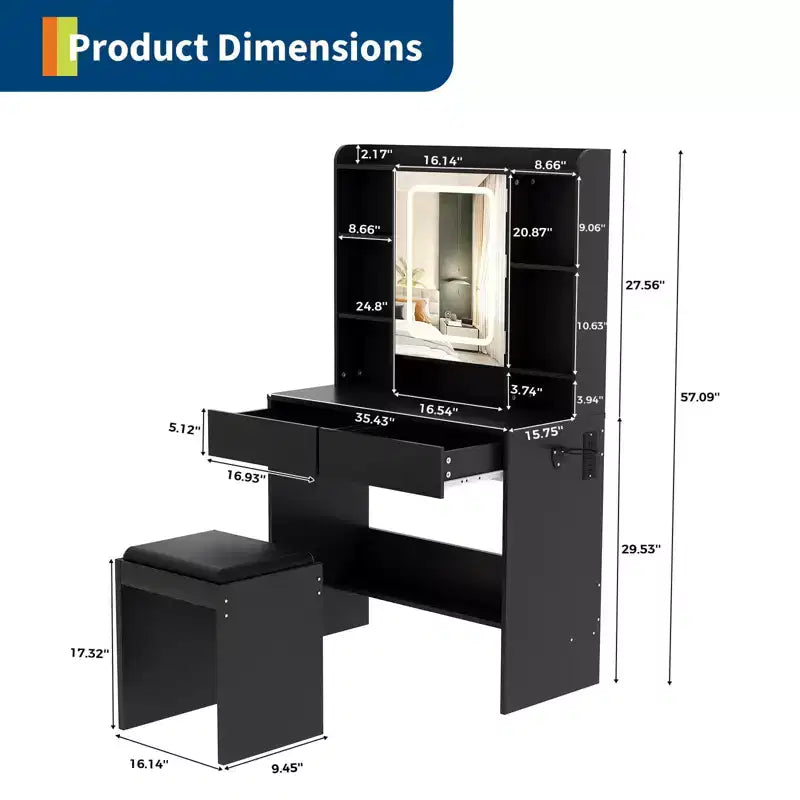 Tocador con espejo para dormitorio, luces ajustables de 3 colores, incluye taburete acolchado, estantes de almacenamiento ocultos, tomas USB, soporte para secador de pelo, blanco