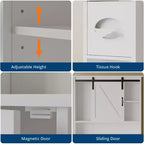 Armario de almacenamiento para colocar sobre el inodoro con puertas de granero - Estantería de baño sobre el inodoro con gancho para pañuelos y estantes ajustables, blanco