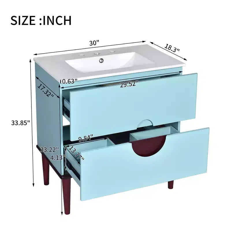 30 Tocador de Baño con Fregadero Combinado, Gabinete de Almacenamiento de Baño con Cajones, Tocador de Baño de Un Solo Fregadero, Azul