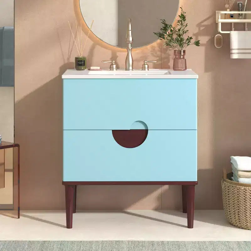 30 Tocador de Baño con Fregadero Combinado, Gabinete de Almacenamiento de Baño con Cajones, Tocador de Baño de Un Solo Fregadero, Azul
