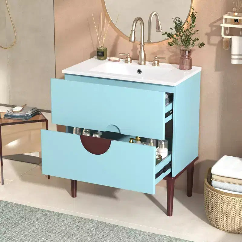 30 Tocador de Baño con Fregadero Combinado, Gabinete de Almacenamiento de Baño con Cajones, Tocador de Baño de Un Solo Fregadero, Azul