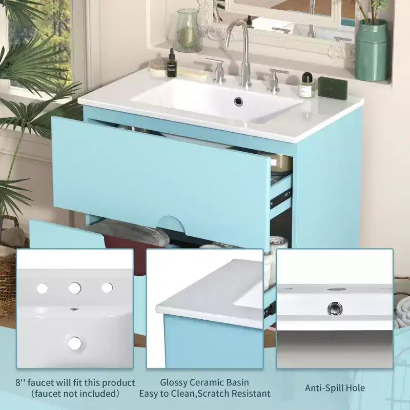 30 Tocador de Baño con Fregadero Combinado, Gabinete de Almacenamiento de Baño con Cajones, Tocador de Baño de Un Solo Fregadero, Azul