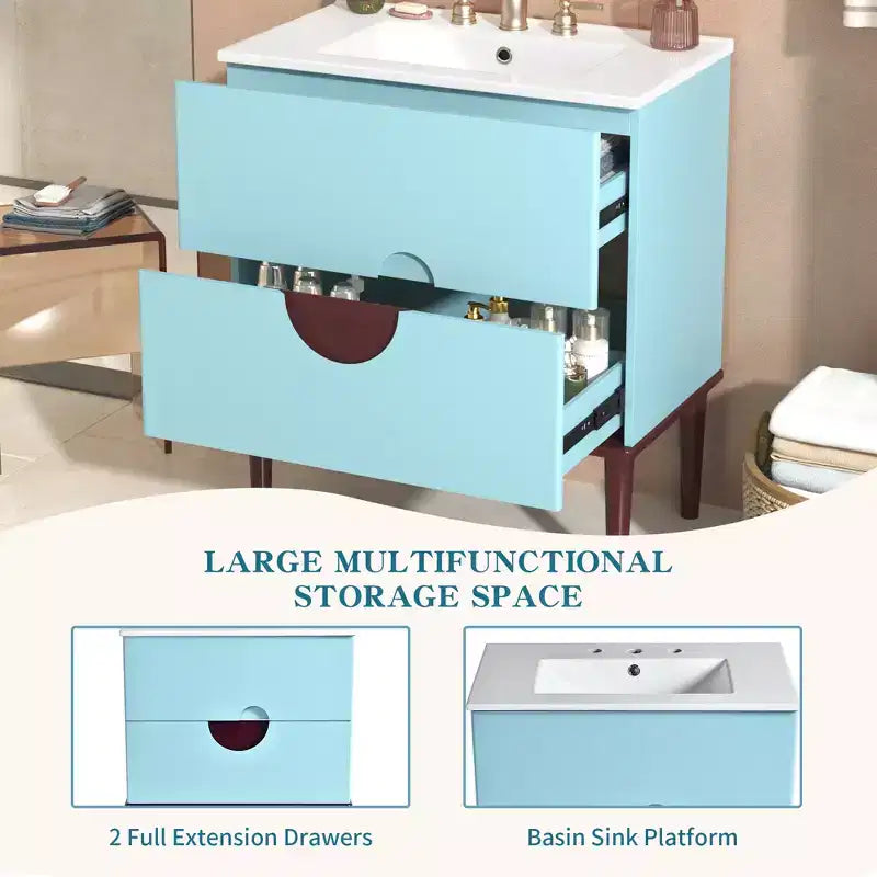 30 Tocador de Baño con Fregadero Combinado, Gabinete de Almacenamiento de Baño con Cajones, Tocador de Baño de Un Solo Fregadero, Azul