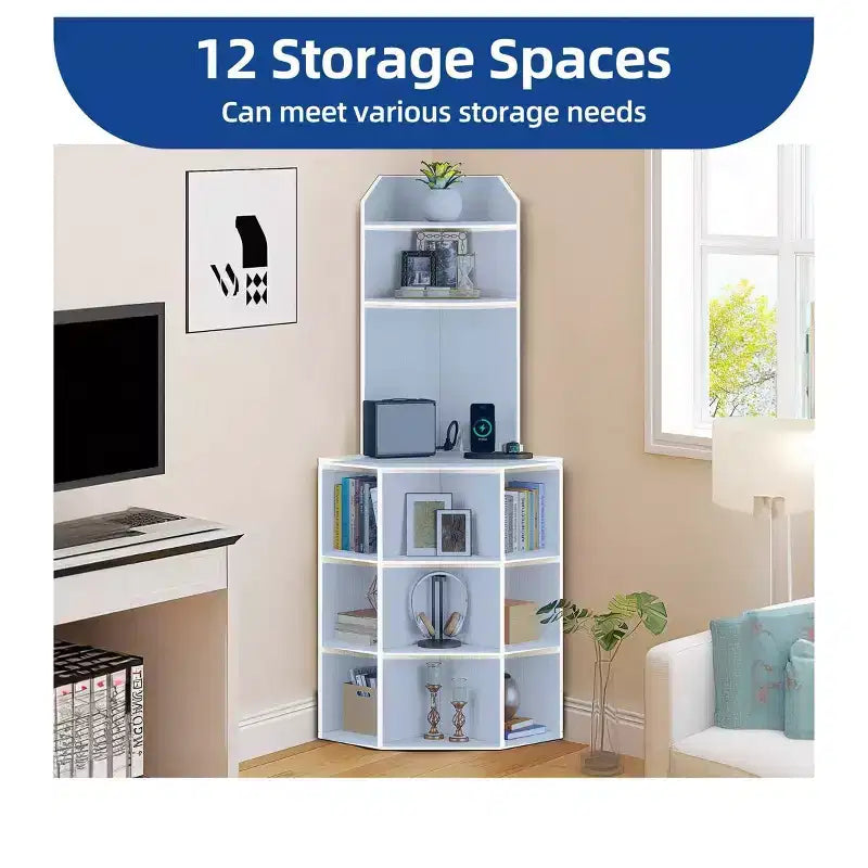 Estantería esquinera de 6 niveles, mueble esquinero industrial con compartimentos para oficina, estante de almacenamiento con estación de carga USB y tomas de corriente