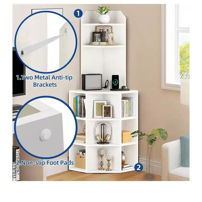 Estantería esquinera de 6 niveles, mueble esquinero industrial con compartimentos para oficina, estante de almacenamiento con estación de carga USB y tomas de corriente
