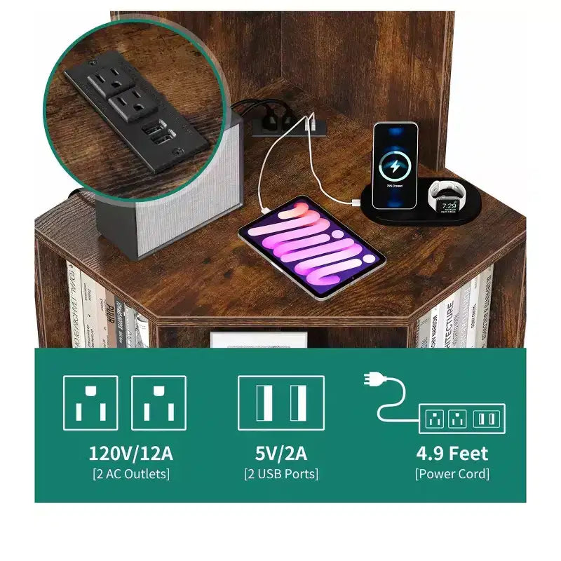 Estantería esquinera de 6 niveles, mueble esquinero industrial con compartimentos para oficina, estante de almacenamiento con estación de carga USB y tomas de corriente