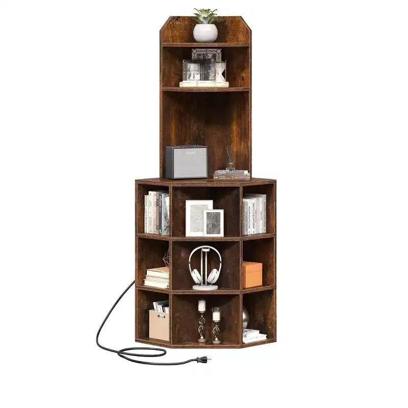 Estantería esquinera de 6 niveles, mueble esquinero industrial con compartimentos para oficina, estante de almacenamiento con estación de carga USB y tomas de corriente