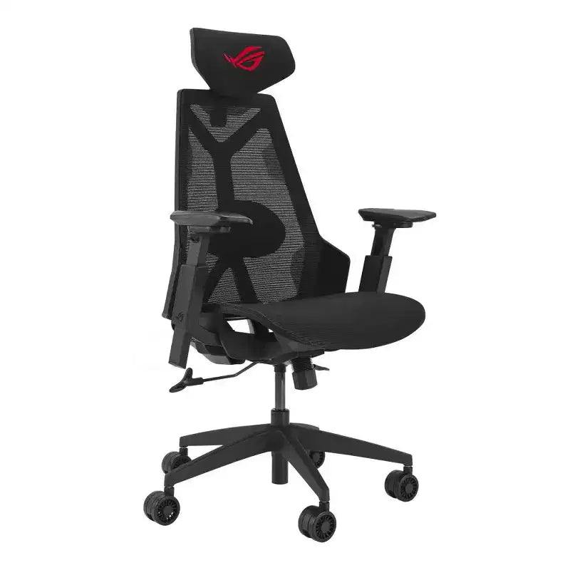 Silla de juego ergonómica ASUS ROG Destrier Core, estética ciborg futurista, ajustes de asiento versátiles, modo de soporte para juegos móviles en el reposabrazos, panel acústico