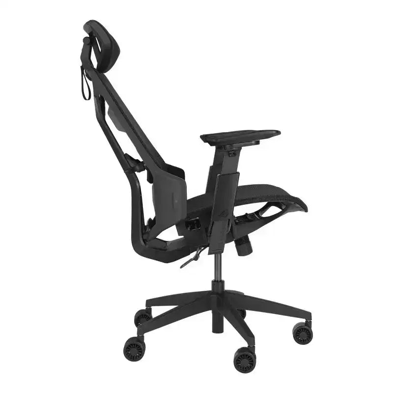Silla de juego ergonómica ASUS ROG Destrier Core, estética ciborg futurista, ajustes de asiento versátiles, modo de soporte para juegos móviles en el reposabrazos, panel acústico