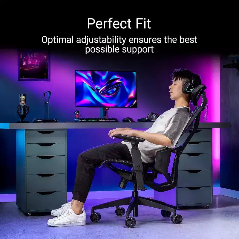 Silla de juego ergonómica ASUS ROG Destrier Core, estética ciborg futurista, ajustes de asiento versátiles, modo de soporte para juegos móviles en el reposabrazos, panel acústico