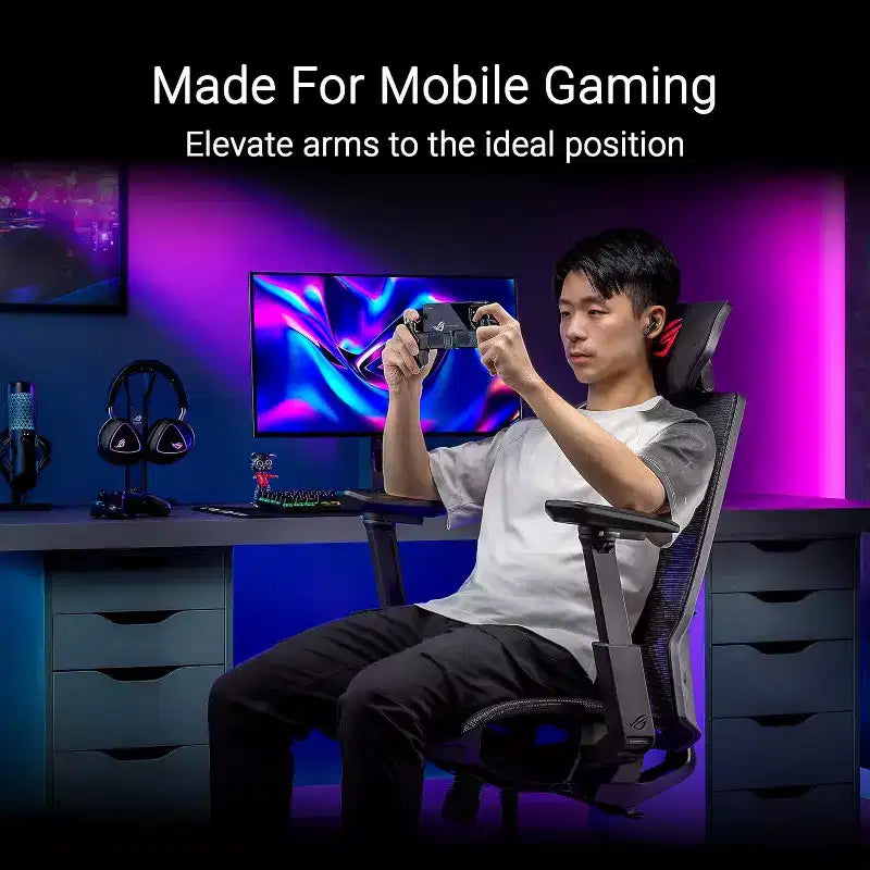 Silla de juego ergonómica ASUS ROG Destrier Core, estética ciborg futurista, ajustes de asiento versátiles, modo de soporte para juegos móviles en el reposabrazos, panel acústico