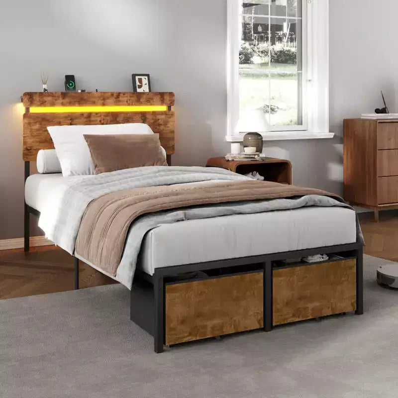 Estructura de cama individual con estación de carga, luces LED, 2 cajones de almacenamiento, plataforma de metal marrón vintage, cabecero de madera, sin necesidad de somier