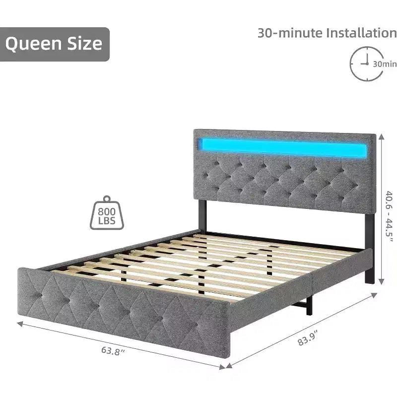 Cama de plataforma tapizada tamaño queen en color gris con cabecero moderno, diseño de cabecero ambiental, no requiere somier, fácil montaje, elegante mejora para dormitorio neutro