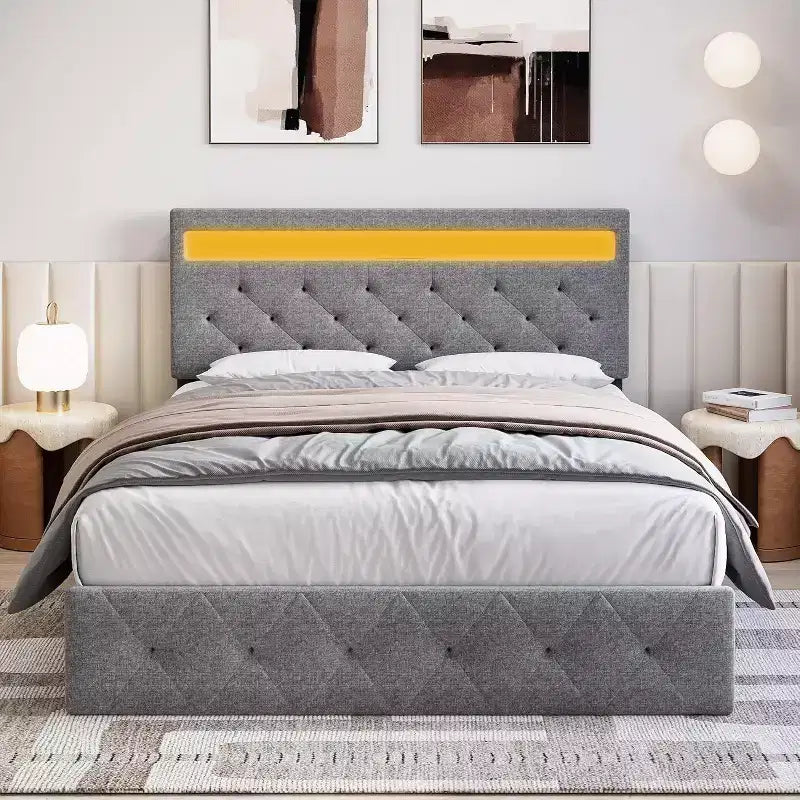 Cama de plataforma tapizada tamaño queen en color gris con cabecero moderno, diseño de cabecero ambiental, no requiere somier, fácil montaje, elegante mejora para dormitorio neutro