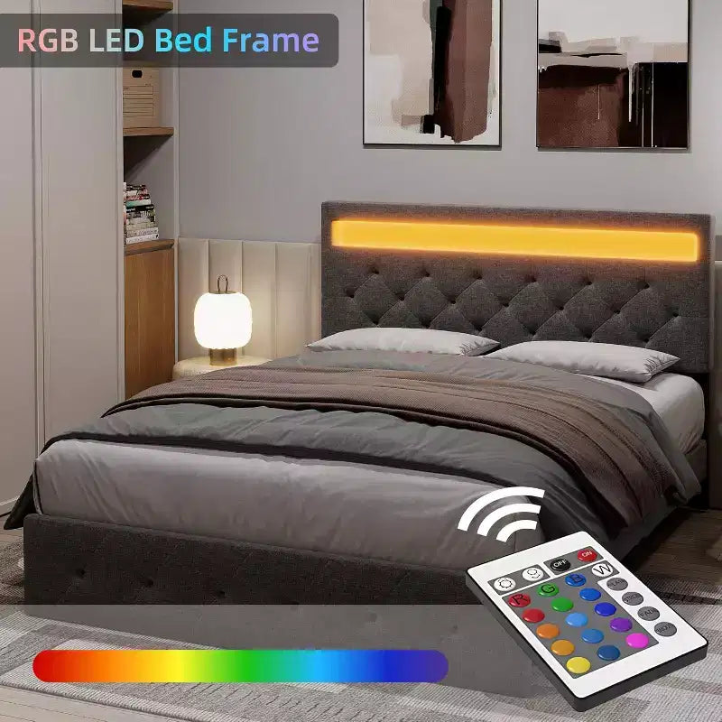 Cama de plataforma tapizada tamaño queen en color gris con cabecero moderno, diseño de cabecero ambiental, no requiere somier, fácil montaje, elegante mejora para dormitorio neutro