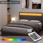 Cama de plataforma tapizada tamaño queen en color gris con cabecero moderno, diseño de cabecero ambiental, no requiere somier, fácil montaje, elegante mejora para dormitorio neutro