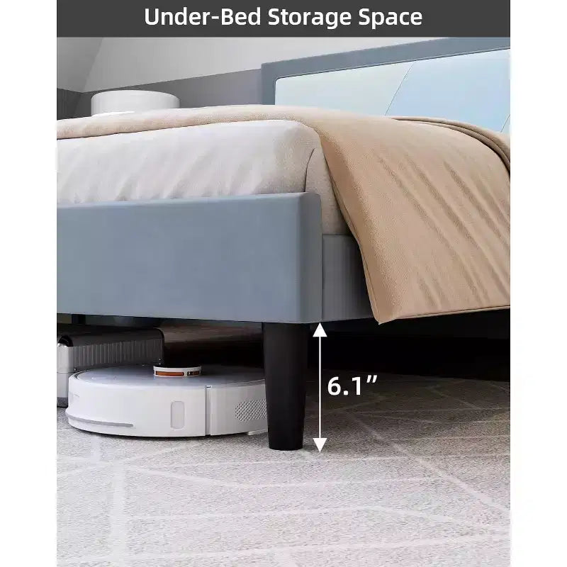 Base de cama de alta resistencia tamaño full con listones de acero, cabecero de altura ajustable, no requiere somier, fácil montaje, beige