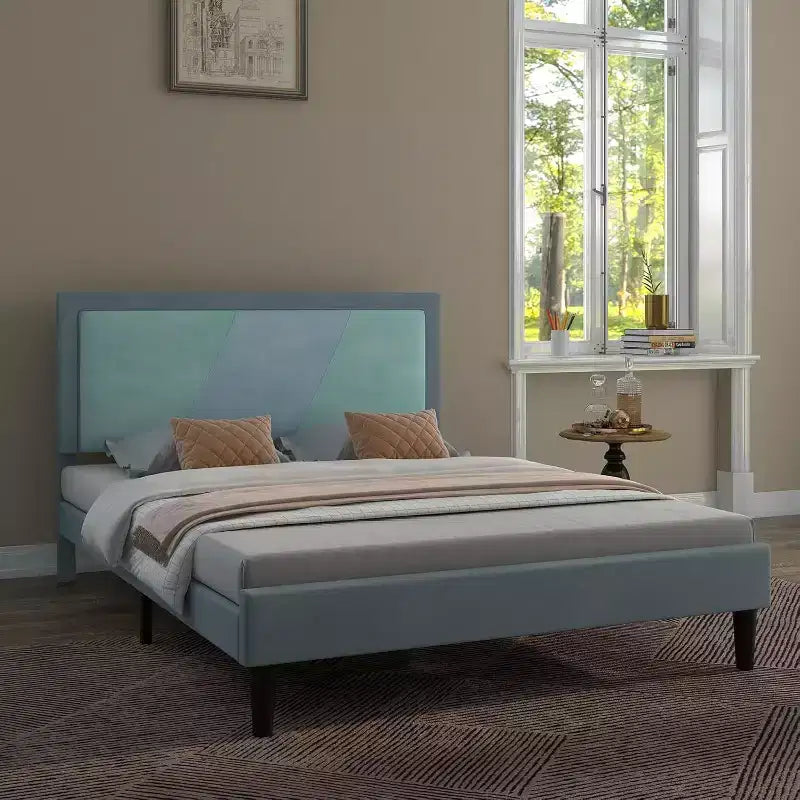 Base de cama de alta resistencia tamaño full con listones de acero, cabecero de altura ajustable, no requiere somier, fácil montaje, beige