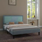 Base de cama de alta resistencia tamaño full con listones de acero, cabecero de altura ajustable, no requiere somier, fácil montaje, beige