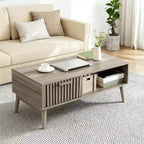 Mesa de centro moderna de mediados de siglo de 39.4 pulgadas con almacenamiento, mesa central rectangular estriada de 2 niveles con cajón, estante abierto y patas de madera para sala de estar
