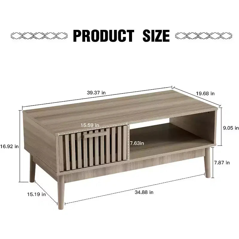 Mesa de centro moderna de mediados de siglo de 39.4 pulgadas con almacenamiento, mesa central rectangular estriada de 2 niveles con cajón, estante abierto y patas de madera para sala de estar