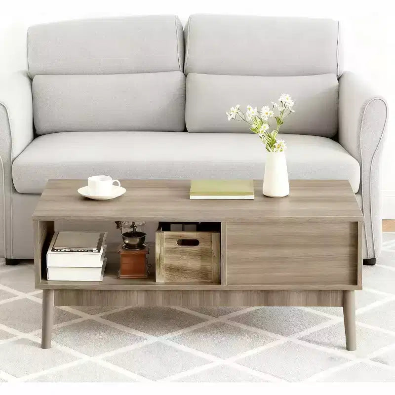 Mesa de centro moderna de mediados de siglo de 39.4 pulgadas con almacenamiento, mesa central rectangular estriada de 2 niveles con cajón, estante abierto y patas de madera para sala de estar