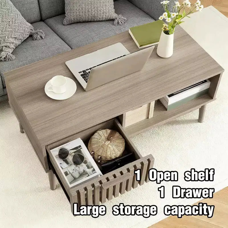 Mesa de centro moderna de mediados de siglo de 39.4 pulgadas con almacenamiento, mesa central rectangular estriada de 2 niveles con cajón, estante abierto y patas de madera para sala de estar