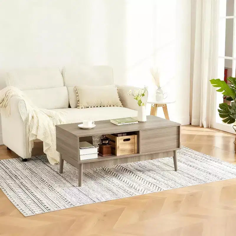 Mesa de centro moderna de mediados de siglo de 39.4 pulgadas con almacenamiento, mesa central rectangular estriada de 2 niveles con cajón, estante abierto y patas de madera para sala de estar