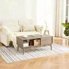 Mesa de centro moderna de mediados de siglo de 39.4 pulgadas con almacenamiento, mesa central rectangular estriada de 2 niveles con cajón, estante abierto y patas de madera para sala de estar