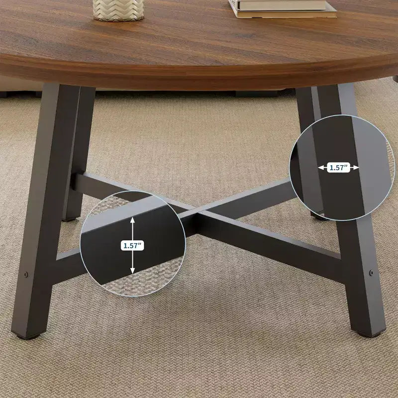 Mesa de centro redonda de 36 pulgadas con tapa de vetas de madera, patas de metal gruesas y pies ajustables, mesa central circular moderna para sala de estar y apartamentos