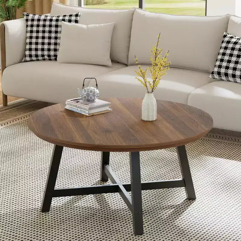 Mesa de centro redonda de 36 pulgadas con tapa de vetas de madera, patas de metal gruesas y pies ajustables, mesa central circular moderna para sala de estar y apartamentos