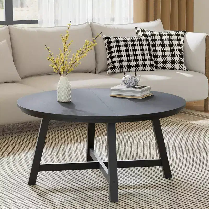 Mesa de centro redonda de 36 pulgadas con tapa de vetas de madera, patas de metal gruesas y pies ajustables, mesa central circular moderna para sala de estar y apartamentos
