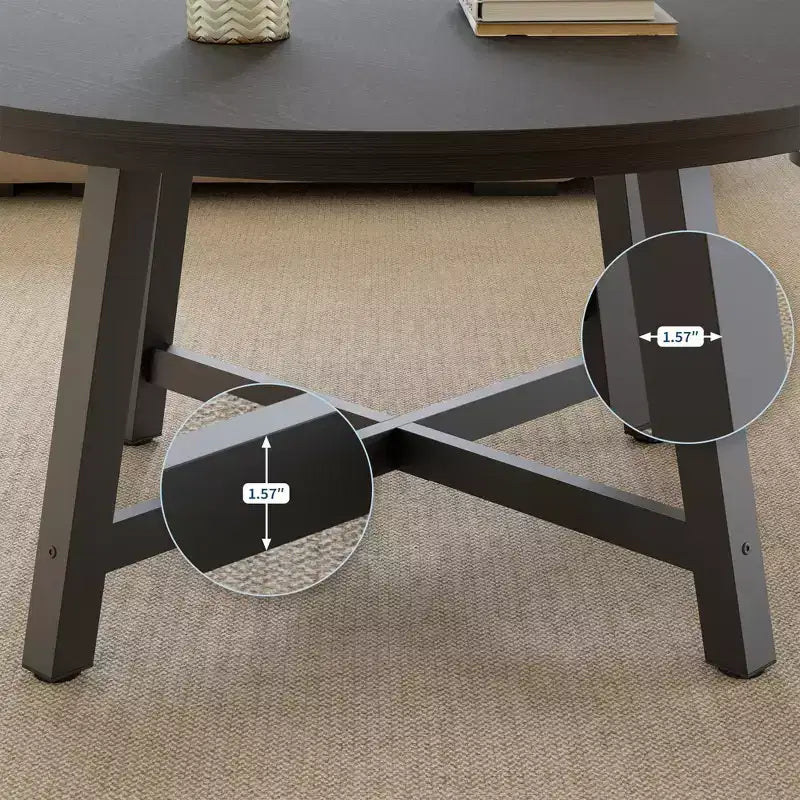 Mesa de centro redonda de 36 pulgadas con tapa de vetas de madera, patas de metal gruesas y pies ajustables, mesa central circular moderna para sala de estar y apartamentos