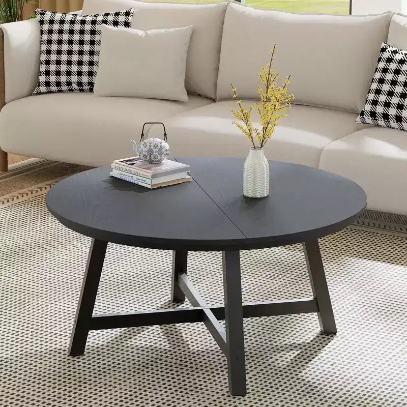 Mesa de centro redonda de 36 pulgadas con tapa de vetas de madera, patas de metal gruesas y pies ajustables, mesa central circular moderna para sala de estar y apartamentos