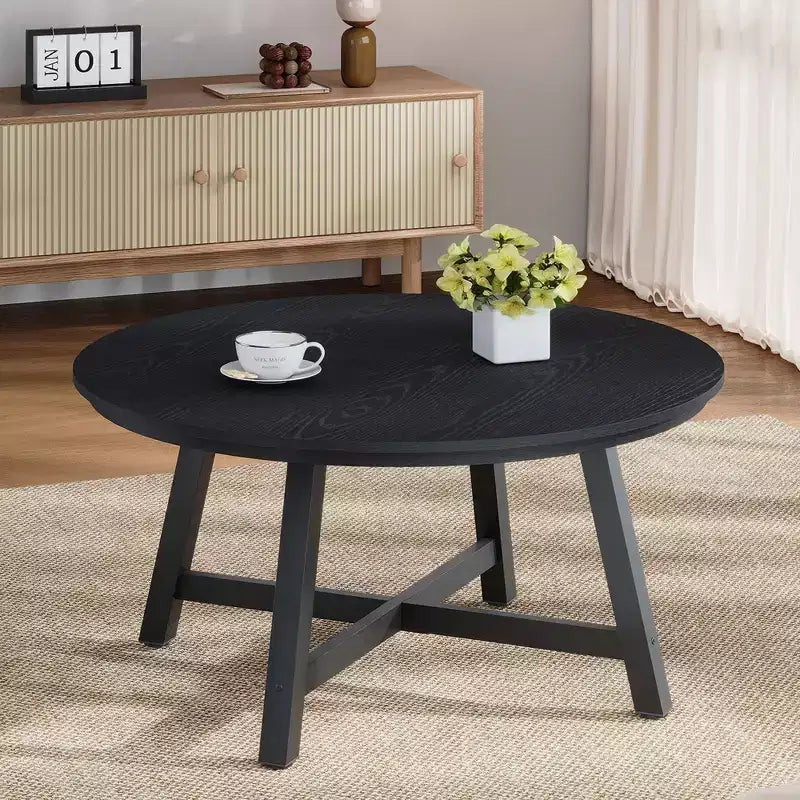 36 Round Coffee Table  Wood Grain Top with Thick Metal Legs & Adjustable Feet, Modern Circle Center Table for Living Room & Apartments
