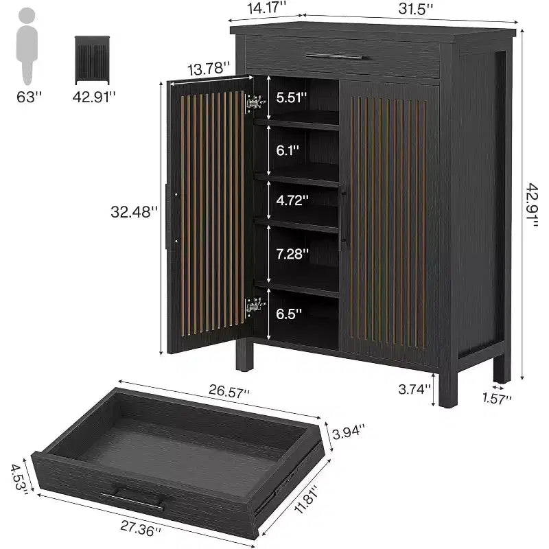 Mueble Zapatero de 5 Niveles Lantine con Puertas Persianas y Cajón, Organizador de Zapatos con Estantes Ajustables para Entrada, Pasillo, Armario, Negro