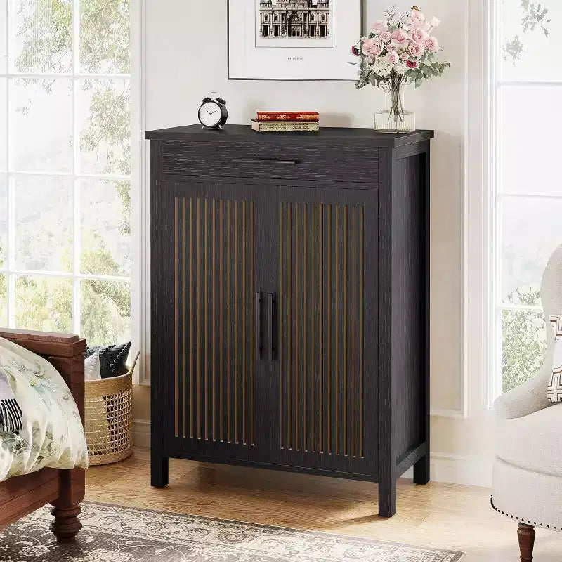 Mueble Zapatero de 5 Niveles Lantine con Puertas Persianas y Cajón, Organizador de Zapatos con Estantes Ajustables para Entrada, Pasillo, Armario, Negro