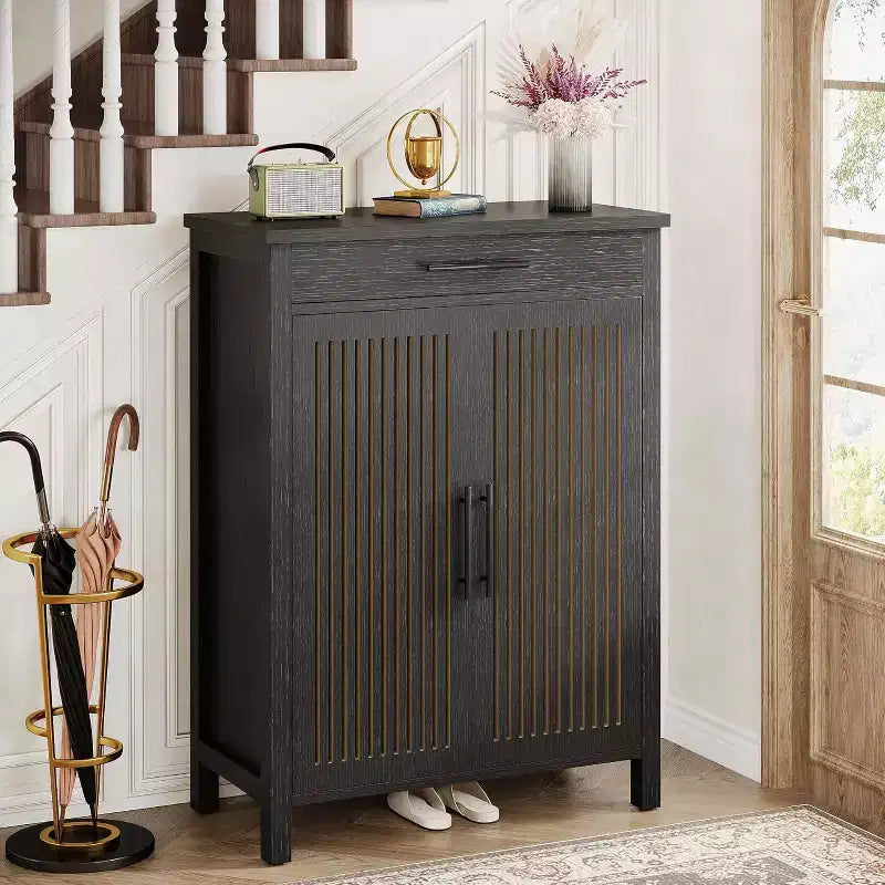 Mueble Zapatero de 5 Niveles Lantine con Puertas Persianas y Cajón, Organizador de Zapatos con Estantes Ajustables para Entrada, Pasillo, Armario, Negro