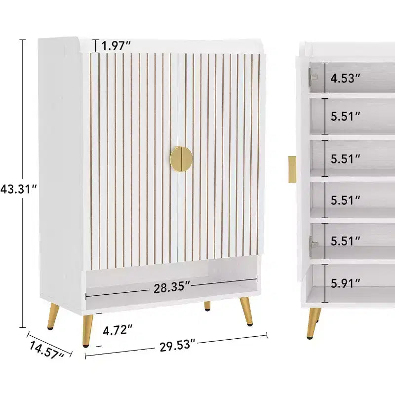 Zapatero Lantine con puertas, zapatero de 6 niveles con estantes ajustables para entrada, pasillo, armario, sala de estar, blanco y dorado