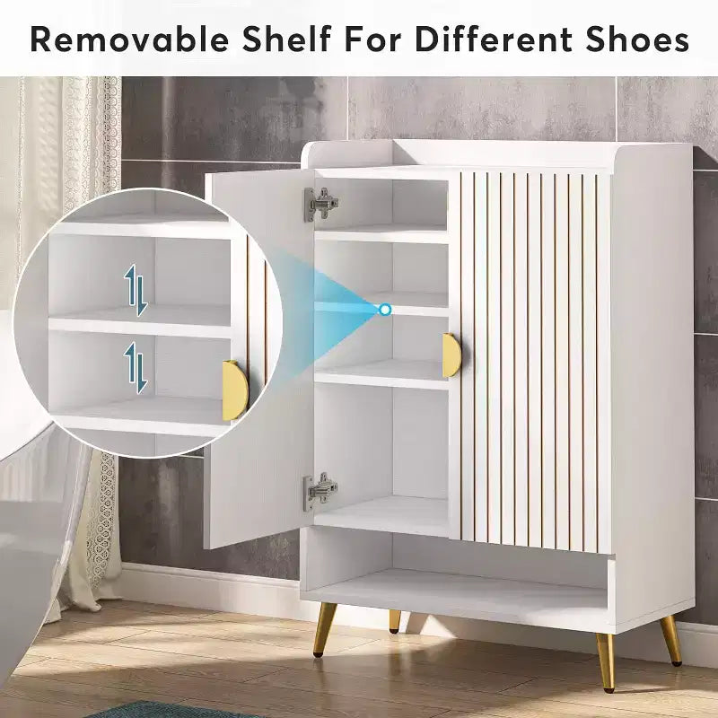 Zapatero Lantine con puertas, zapatero de 6 niveles con estantes ajustables para entrada, pasillo, armario, sala de estar, blanco y dorado